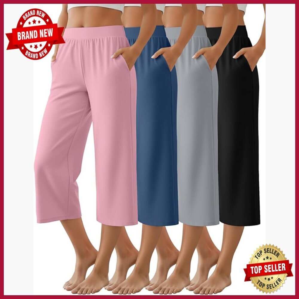 4 Pack Women's Capri Pants Wide Leg Yoga Sweatpants High Waist Lounge